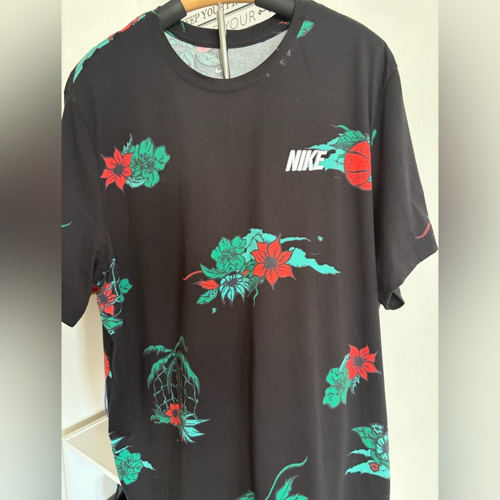 Nike Black T-Shirt with Red and Green Floral Design
